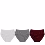 Three ladies cotton classic briefs laid flat in a row on white - white, grey marl and burgundy, every pair the same classic brief cut with a covered elastic waistband, mid leg openings and a double cotton gusset, full front views