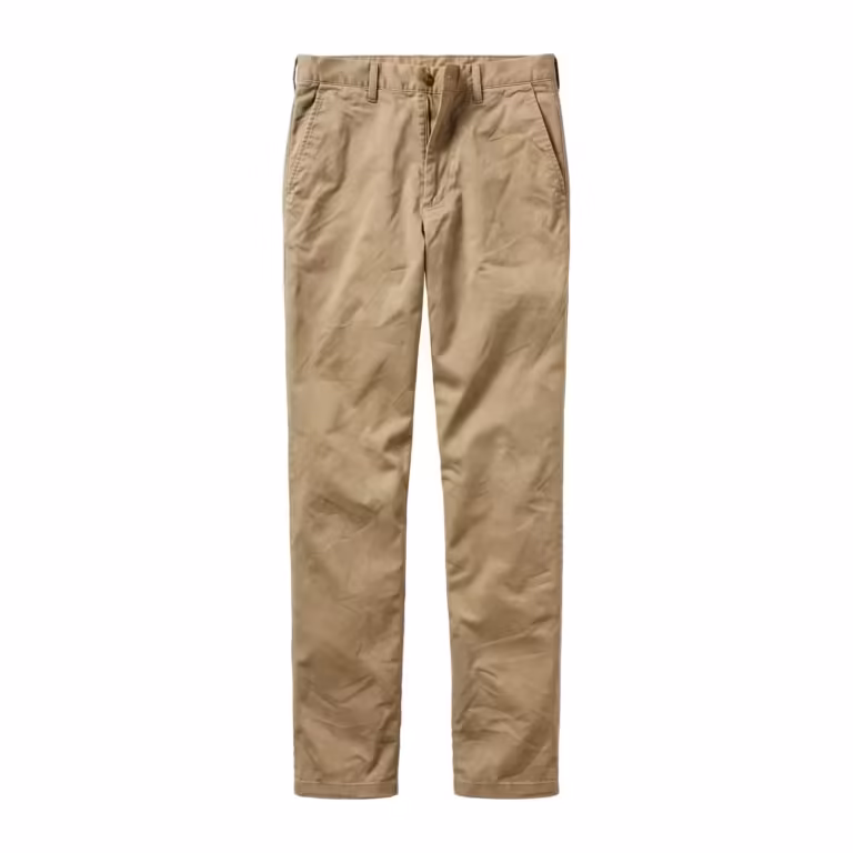 Men's flat-front chino pants in khaki cotton twill, full front view with slanted pockets, button fly and belt loops - the lead style of the pants range