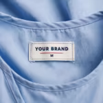 Close-up of the inside back neck of the light blue wrap-front patient gown in poly-cotton poplin showing the cream woven YOUR BRAND label with navy lettering, a red rule line and the size M mark, stitched into the inside back neck below the round neckline binding