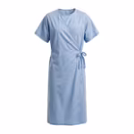 Light blue wrap-front patient gown in poly-cotton, full front view with crossover front, cloth tie bow at the side waist, short sleeves, round neckline and one chest pocket