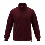 Men's full-zip polar fleece jacket in burgundy, full front view with a stand collar, full-length zip closed to the top, two zipped hand pockets, ribbed cuffs and a drawcord hem
