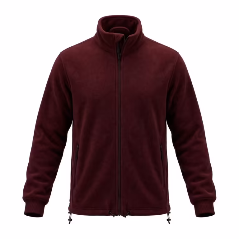 Men's full-zip polar fleece jacket in burgundy, full front view with a stand collar, full-length zip closed to the top, two zipped hand pockets, ribbed cuffs and a drawcord hem
