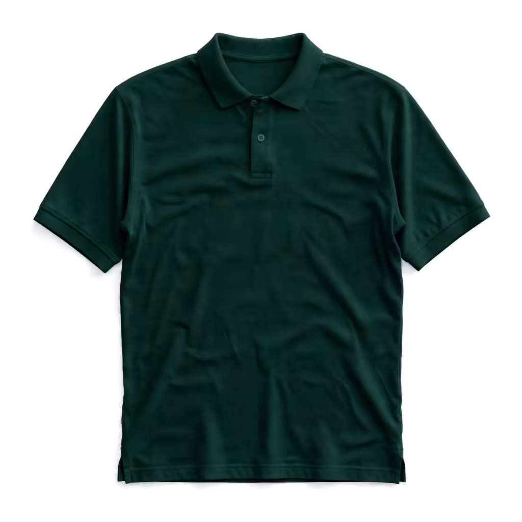 Men's classic polo shirt in forest green cotton pique with flat knitted collar, two-button placket and ribbed sleeve cuffs, full front view