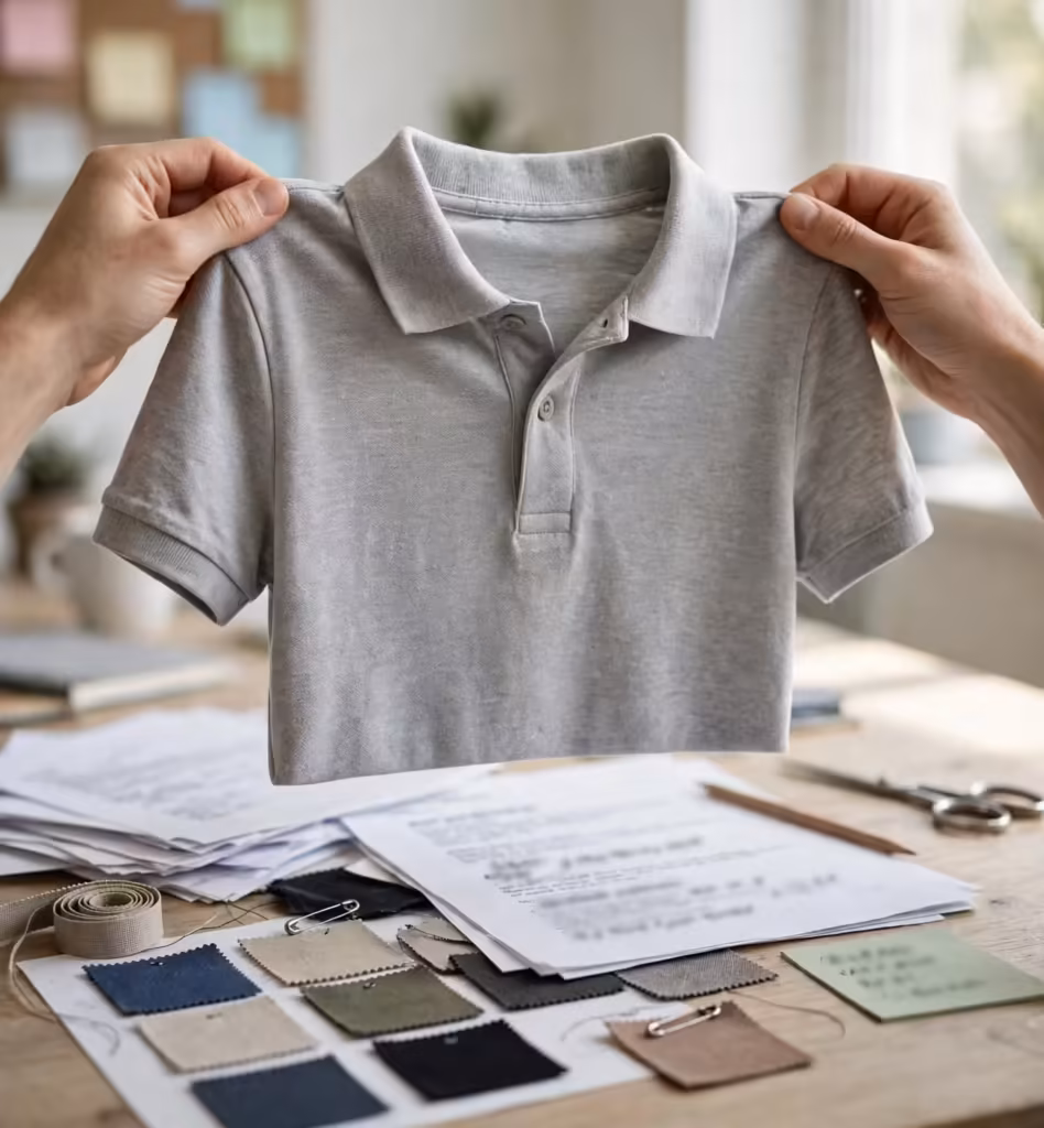 A polo shirt sample held up for buyer approval over the desk