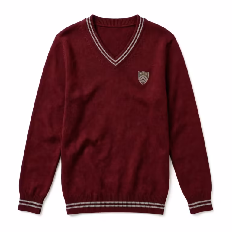 Knitted school sweater in burgundy with a V-neck band carrying two light grey stripes, an embroidered shield crest on the chest and striped ribbed cuffs and hem, full front view