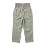 Ladies smocked waistband pants in sage green cotton poplin, back view with the shirred smocked band continuing around the back, a centre back seam and plain straight legs
