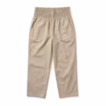 Ladies smocked waistband pants in stone beige cotton poplin, full front view with a deep shirred elastic waistband, side seam pockets and straight legs