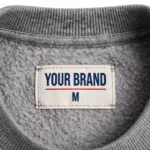 Close-up of the inside back neck of the men's grey marl crew neck sweatshirt showing the cream woven YOUR BRAND label with navy lettering, a red rule line and the size M mark, stitched into the inside back neck just below the ribbed crew neck band