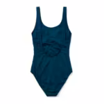 Back view of the deep teal one-piece swimsuit laid flat, showing the deep scoop back, straight straps and covered elastic binding