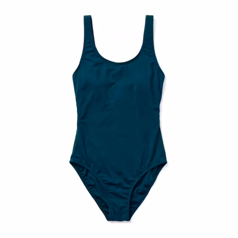 Ladies one-piece swimsuit in deep teal nylon-elastane swim knit, flat lay front view with scoop neckline, wide straps and covered elastic leg openings