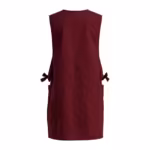 Burgundy work tabard back view with plain panel, higher bound back neck and side ties tied in bows at the waist in matte poly-cotton