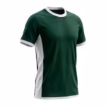 Forest green team jersey in polyester eyelet mesh, three-quarter angle view with white ribbed crew collar, white sleeve cuffs and a white side panel, plain blank chest