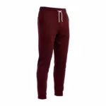Men's smooth knit track pants in burgundy interlock, three-quarter front view with a drawstring waist, slanted side pocket, tapered legs and open hems