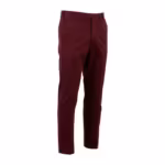 Men's flat-front dress trousers in deep burgundy cotton twill, ghost form three-quarter angle view with slanted front pockets, hook-and-bar waistband, belt loops and a pressed crease down each leg - the same dress style as the front view