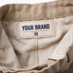 Close-up of the inside back waistband of the men's stone beige flat-front dress trousers showing the cream woven YOUR BRAND label with navy lettering, a red rule line and the size 32 mark, stitched into the waistband