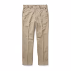 Men's flat-front dress trousers in stone beige cotton twill, full front view with slanted pockets, hook-and-bar waistband, belt loops and a pressed crease down each leg