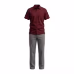 Burgundy short-sleeve staff uniform shirt in poly-cotton twill over stone grey flat-front trousers, full front view of the coordinated uniform set with point collar and chest pocket