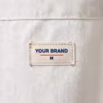 Close-up of the inside of the white bib apron below the top hem showing the cream woven YOUR BRAND label with navy lettering, a red rule line and the size M mark, stitched into the apron's own cotton twill