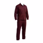 Work clothes set in burgundy cotton twill, three-quarter ghost form angle with the button-front work shirt with two flap chest pockets worn over matching flat-front work pants as one outfit