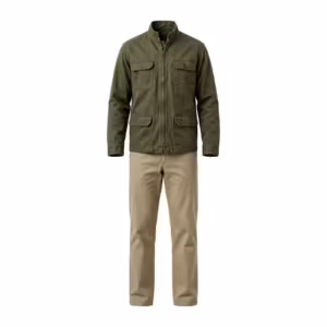 Olive green cotton twill work jacket with zip front, stand collar and four flap pockets over khaki flat-front work trousers, full front view of the coordinated own-label workwear set