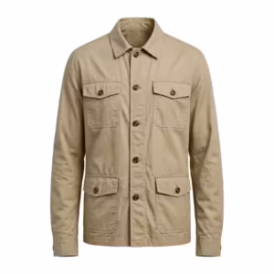 Men's woven jacket in khaki cotton poplin, full front view with shirt collar, button front, two chest flap pockets and two lower patch pockets
