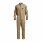 Men's zip front cotton coveralls in khaki, front view with covered metal zip