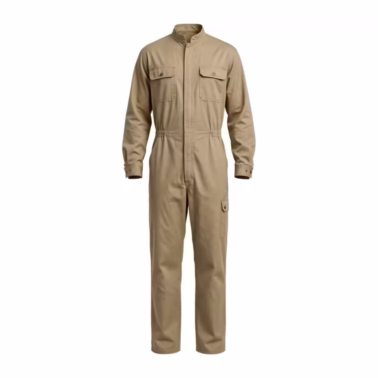 Men's zip front cotton coveralls in khaki, front view with covered metal zip