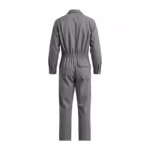 Men's zip front cotton coveralls in stone grey, back view with elastic waist