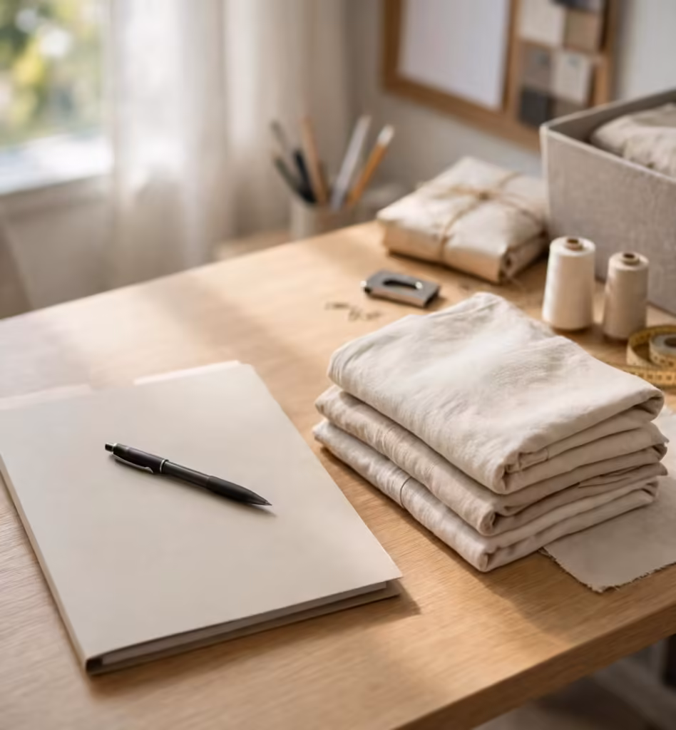 Closed agreement folder beside folded garment samples on the desk