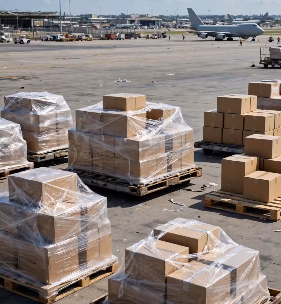 Air freight cargo pallets at the airport freight terminal