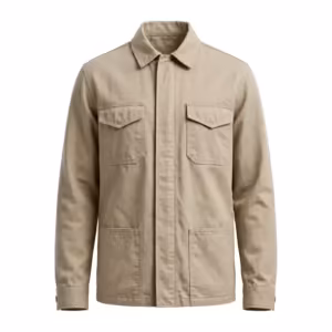 Berg work jacket in stone cotton twill, full front view with zip storm flap and chest pockets