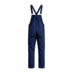 Denim bib overalls in mid-indigo, back view with crossed straps and back patch pockets