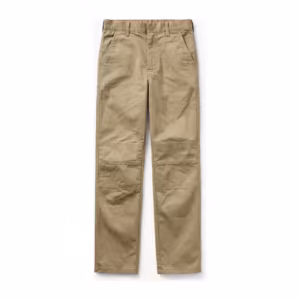 Boys double knee pants in khaki cotton twill, full front view with flat front, belt loops and reinforced double knee stitch lines on both legs