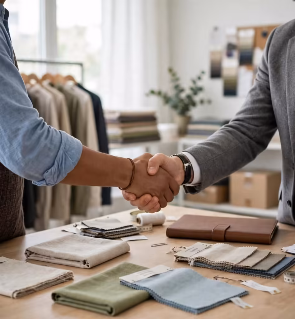 Handshake between a clothing buyer and our team at the Dhaka office