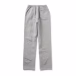Chef trousers in a small light grey and white woven check, back view with gathered elastic waistband and one patch back pocket