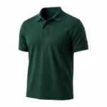 Men's corporate polo shirt in forest green pique, three-quarter angle view showing the collar, placket and embroidered chest mark