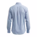 Men's corporate dress shirt back view in light blue poplin with split shoulder yoke, centre box pleat and button cuffs