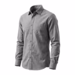 Men's corporate dress shirt in stone grey oxford cloth, three-quarter angle showing the fused collar, button front and chest pocket