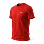 Men's corporate t-shirt in red cotton jersey, three-quarter angle view with a small white printed circle mark on the chest