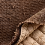 Close-up of the brown cotton duck canvas plain weave with a folded section of tan diamond-quilted insulated lining and its stitch channels