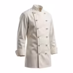 Ivory executive chef coat, three-quarter angle view showing the double-breasted knot-button front, stand collar and turn-back cuffs