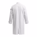 White executive chef coat back view with stand collar, shaped back panel, centre back vent and turn-back cuffs in cotton-rich twill