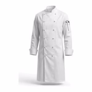 White executive chef coat in cotton-rich twill, full front view with stand collar, double-breasted front with cloth knot buttons, welt chest pocket and a thermometer and pen pocket on the sleeve