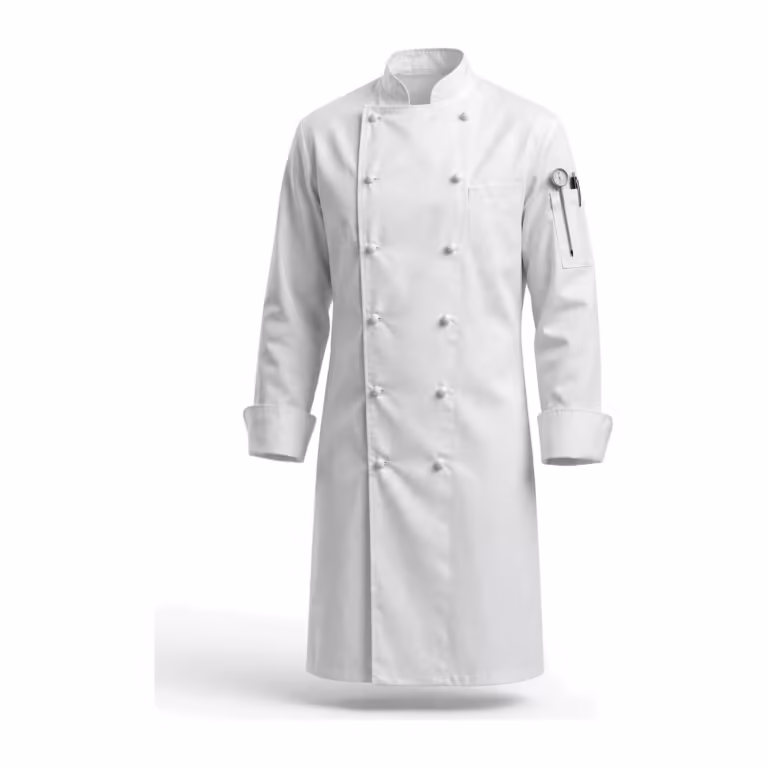 White executive chef coat in cotton-rich twill, full front view with stand collar, double-breasted front with cloth knot buttons, welt chest pocket and a thermometer and pen pocket on the sleeve