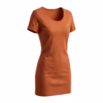 Ladies fashion design t-shirt in terracotta cotton jersey, three-quarter angle view with scoop neck, rolled sleeves and a small embroidered floral sprig on the left chest