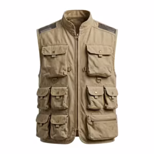 Fishing vest in stone cotton canvas, full front view with zip front, fly-box chest pockets, bellows pockets and D-rings