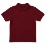 Girls' short sleeve polo shirt in burgundy cotton pique with knitted collar, three-button placket and ribbed sleeve cuffs, full front view