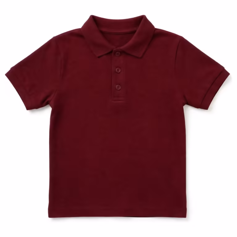 Girls' short sleeve polo shirt in burgundy cotton pique with knitted collar, three-button placket and ribbed sleeve cuffs, full front view