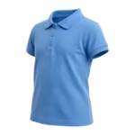 Girls' short sleeve polo shirt in sky blue pique, three-quarter angle view showing the shaped fit, collar, placket and ribbed cuffs