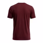 Men's gym training t-shirt in burgundy performance knit, full back view with ribbed crew neck band seen from behind, short sleeves with stitched hem bands, a plain back panel and a straight stitched hem